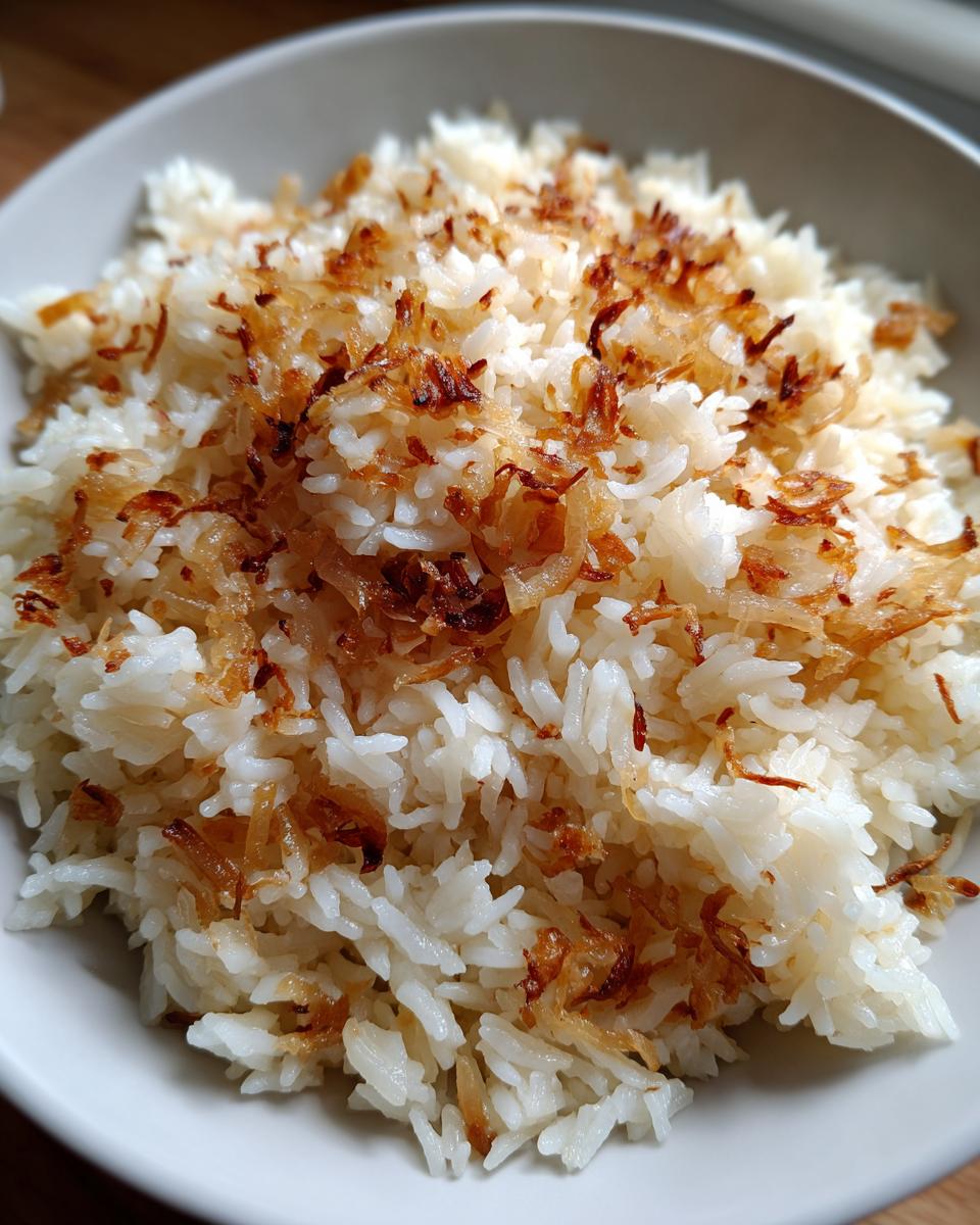 Close-up of fluffy white rice topped generously with crispy, caramelized onions, representing french onion butter rice.