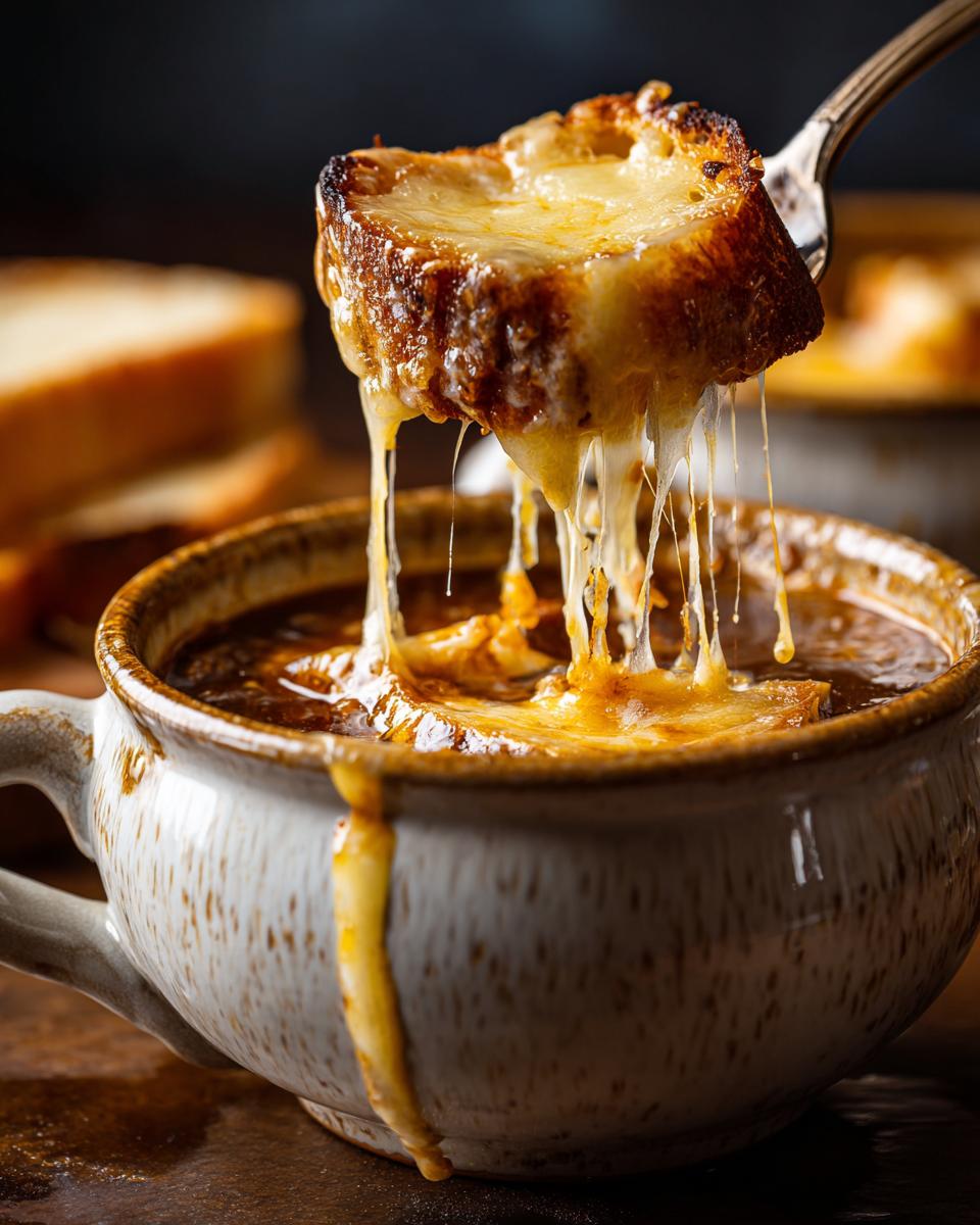 A spoonful lifts a piece of toasted bread topped with melted, stringy cheese out of a bowl of rich french onion soup.