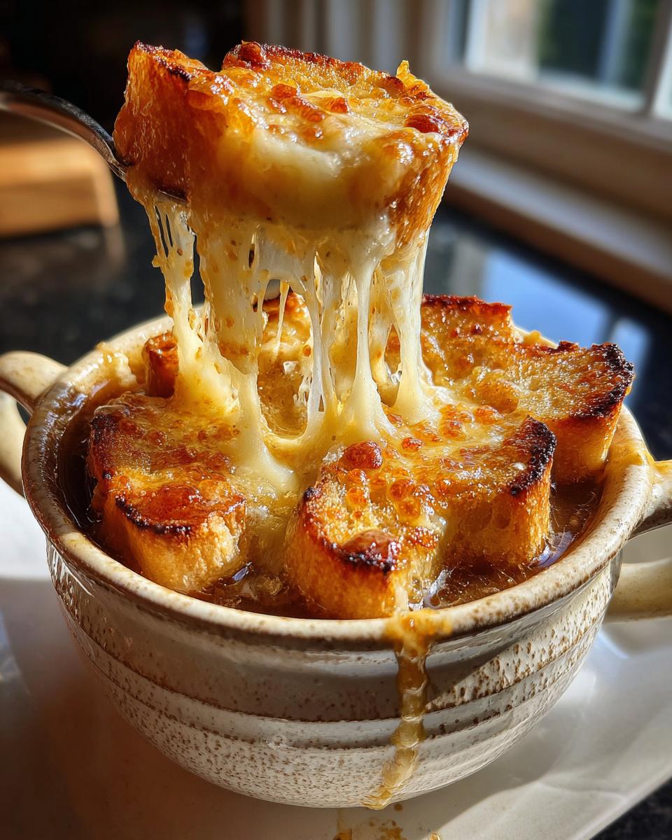A spoonful lifts a piece of cheesy, toasted bread from a bowl of rich french onion soup, showing dramatic cheese pulls.