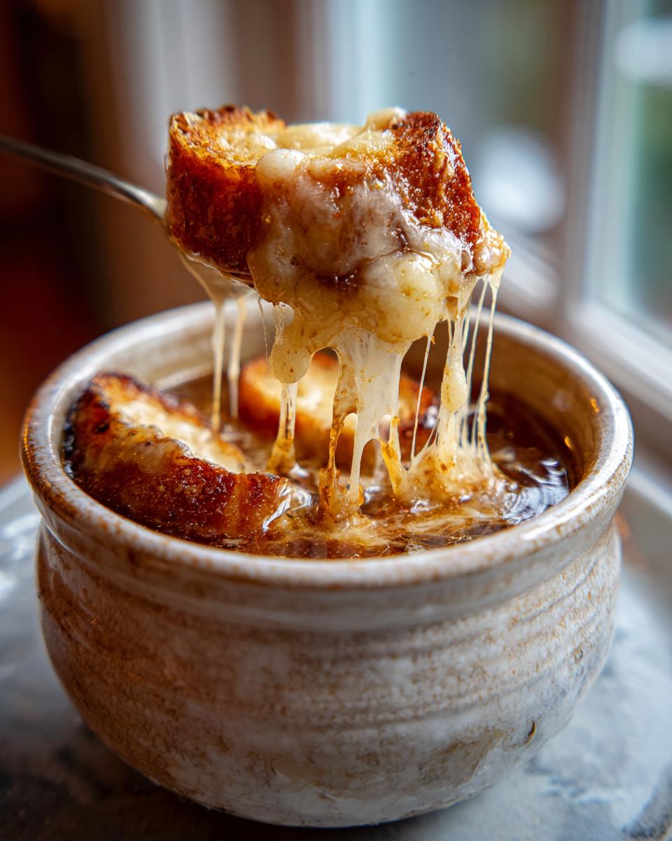 A spoonful of melted, stringy cheese topping a crouton lifted from a bowl of rich french onion soup.