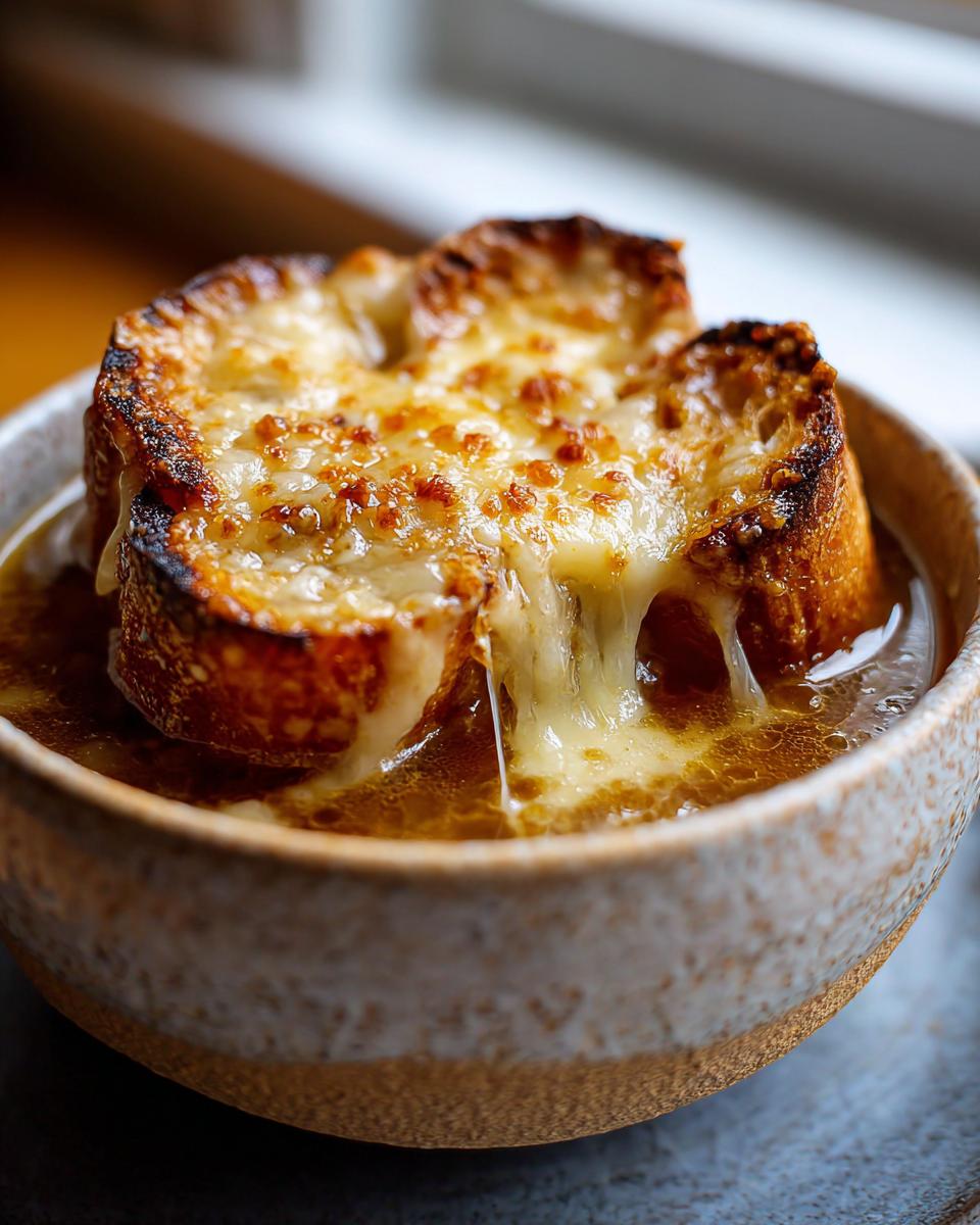 Close-up of classic french onion soup topped with a thick layer of melted, browned cheese over toasted bread.