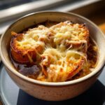 Close-up of a bowl of rich french onion soup topped with a thick layer of toasted bread and gooey, melted Gruyère cheese.