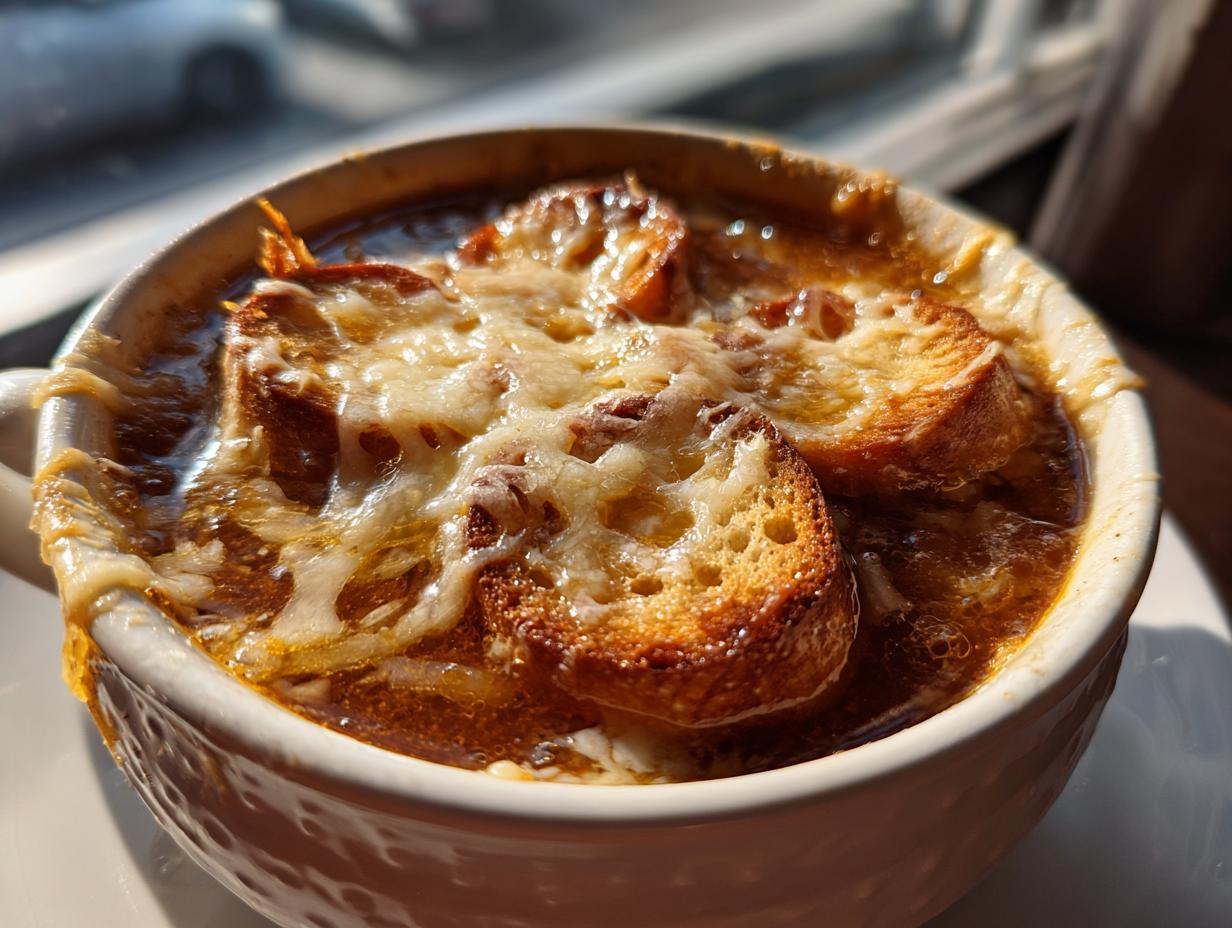 Close-up of a crock of rich french onion soup topped with toasted bread and bubbly, melted Gruyère cheese.
