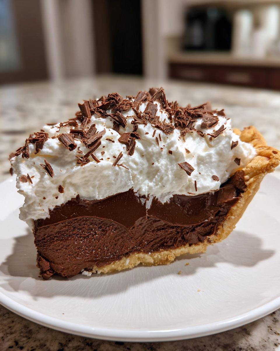 A close-up shot of a perfect slice of french silk pie showing the dark chocolate filling, whipped cream topping, and chocolate shavings.