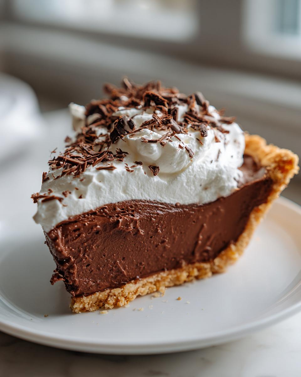 Close-up of a perfect slice of french silk pie showing the thick chocolate filling, graham cracker crust, and whipped cream topping with chocolate shavings.