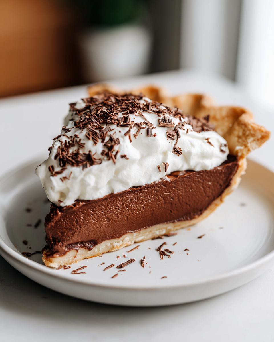 A decadent slice of french silk pie featuring a rich chocolate filling, whipped cream, and chocolate shavings.