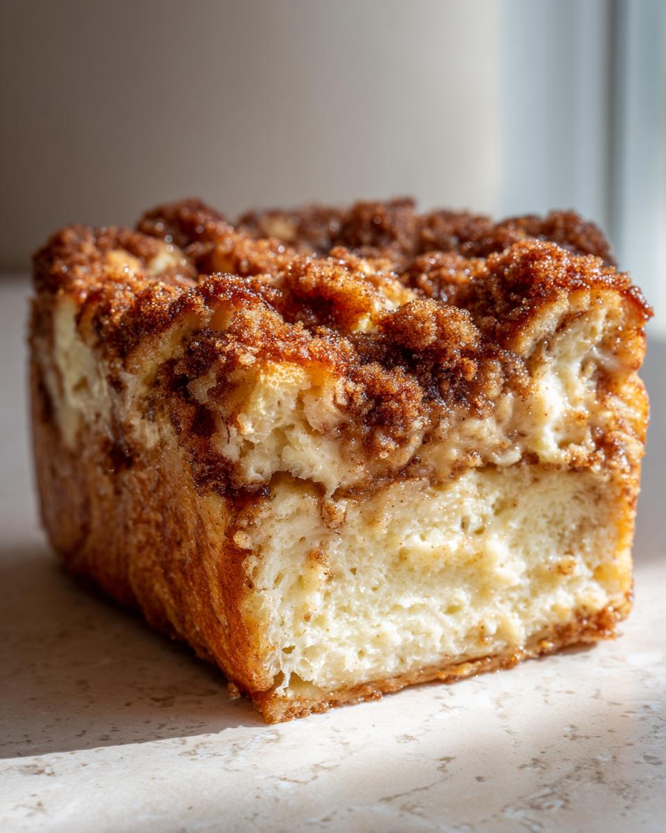 A close-up of a thick, square slice of french toast casserole topped with rich cinnamon streusel.