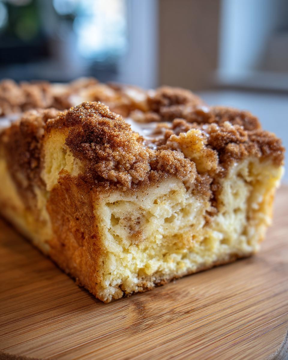 Close-up of a thick slice of french toast casserole with a rich cinnamon streusel topping.