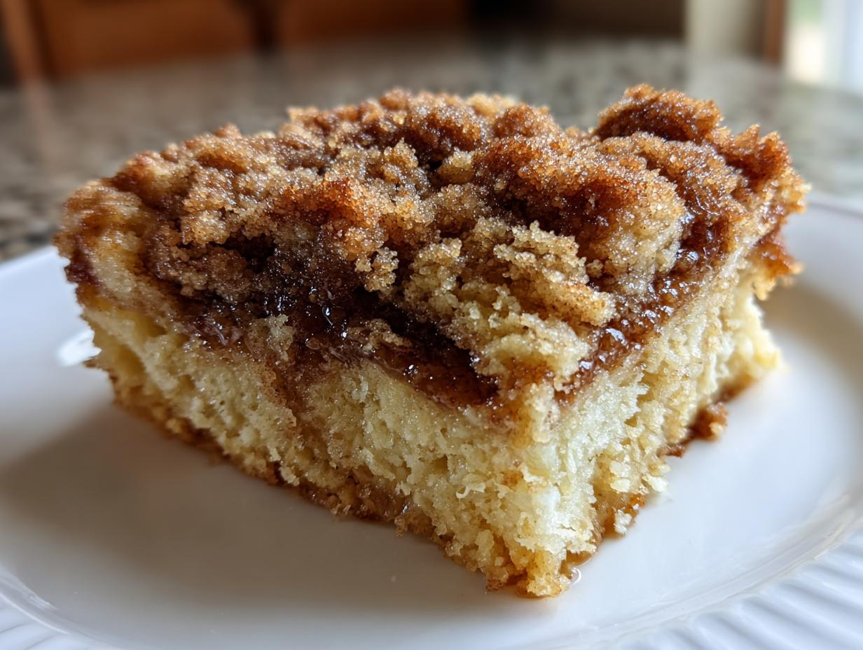 Close-up of a single serving slice of french toast casserole topped with thick, sugary cinnamon streusel.