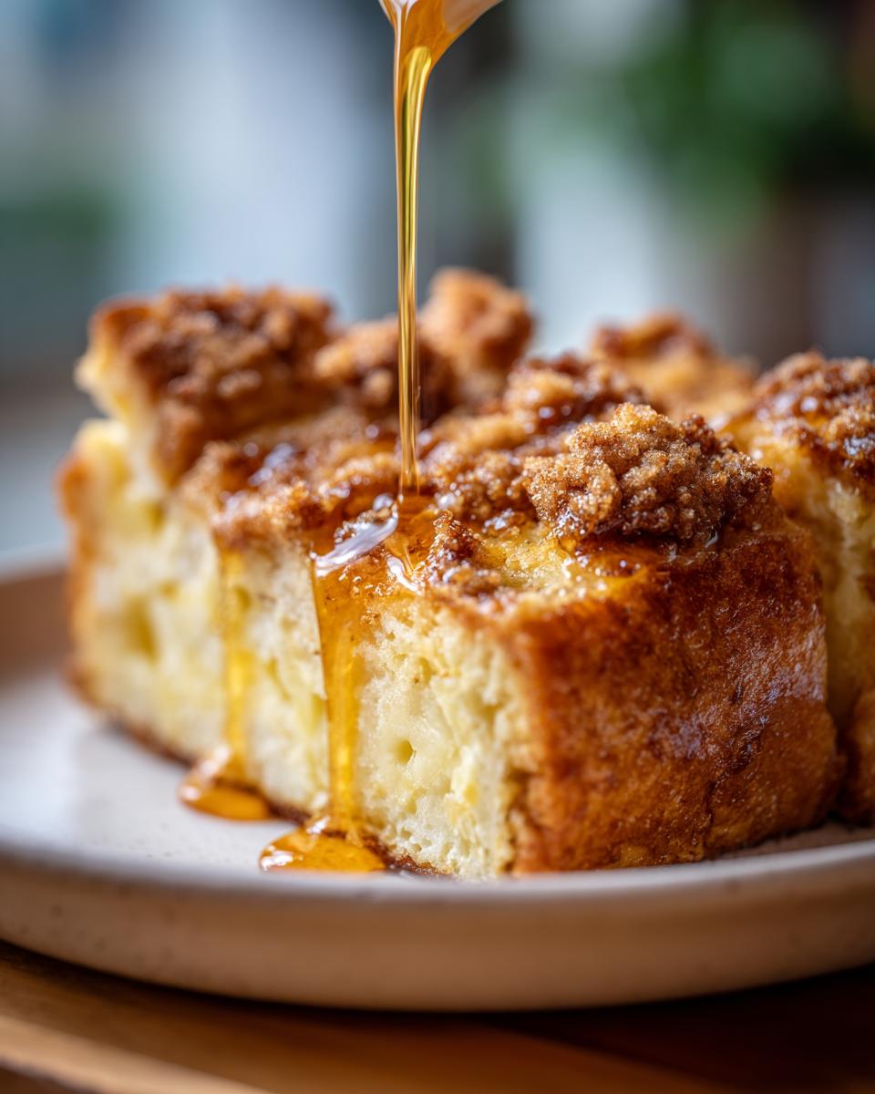 Close-up of a slice of french toast casserole topped with brown sugar crumble, as golden maple syrup is poured over it.