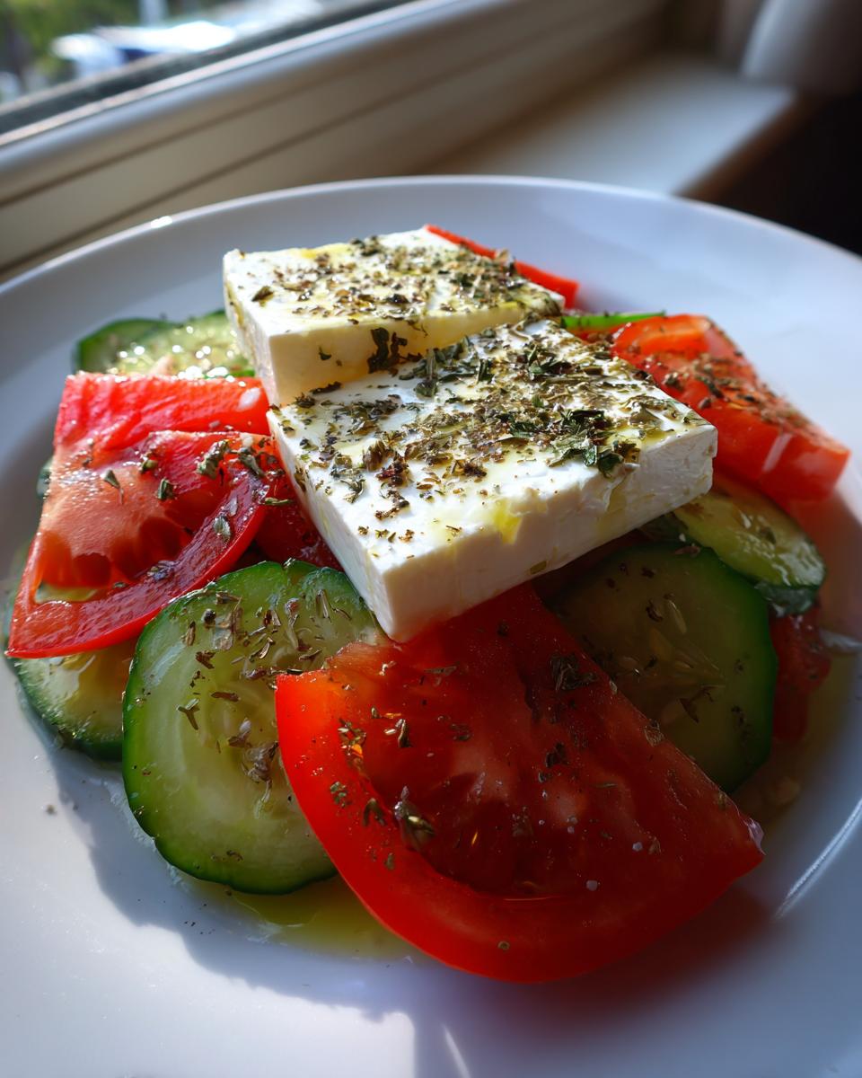Close-up of a fresh greek salad featuring thick slices of tomato, cucumber, and two large blocks of feta cheese seasoned with oregano.