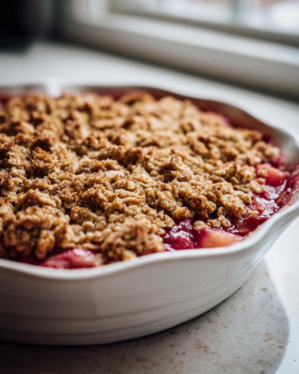 Close-up of a golden brown, crumbly topping covering bubbling fruit filling in a white dish of rhubarb crisp.
