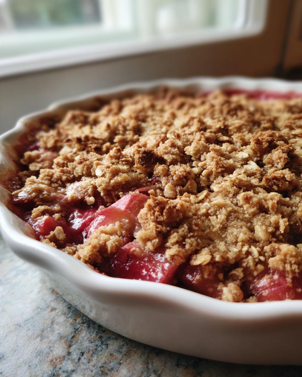Close-up of a freshly baked rhubarb crisp with a golden, crumbly topping in a white baking dish.