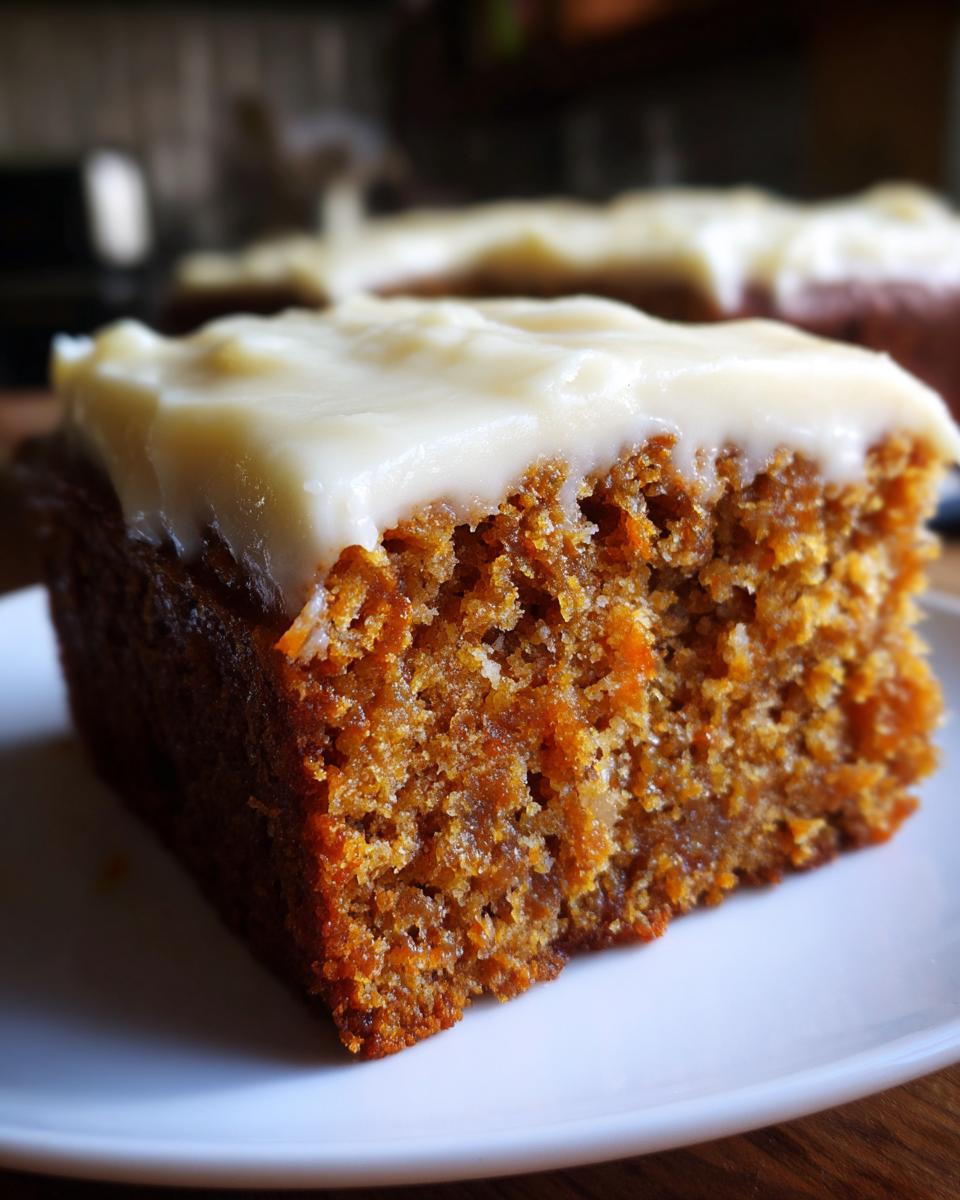 Close-up of a moist slice of applesauce cake topped with thick white cream cheese frosting.