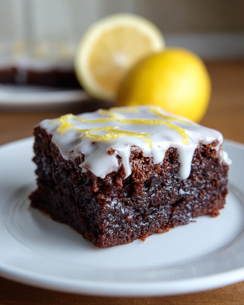 Close-up of a fudgy Lemon Brownies square topped with white glaze and lemon zest, with fresh lemons in the background.