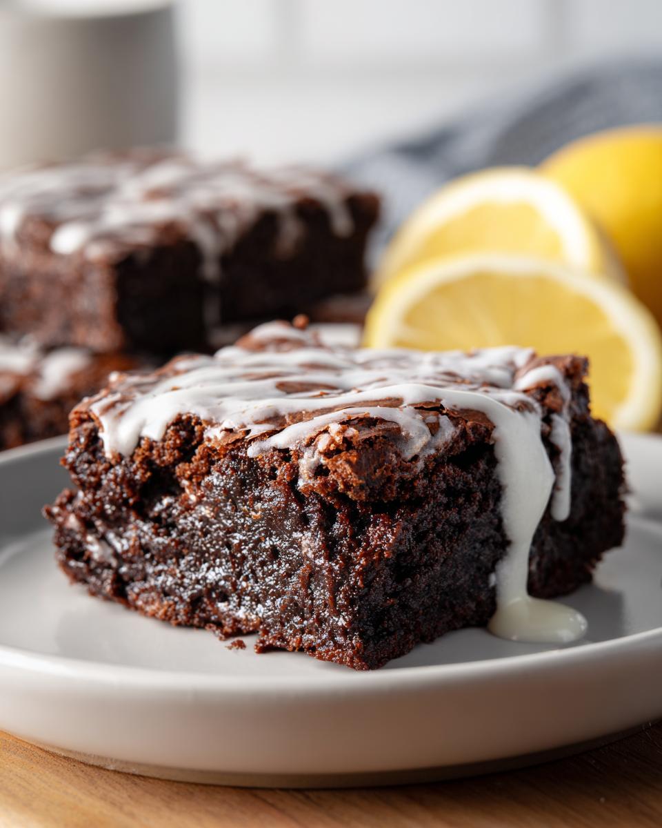 Close-up of a fudgy Lemon Brownies square topped with white lemon glaze, with fresh lemon slices in the background.
