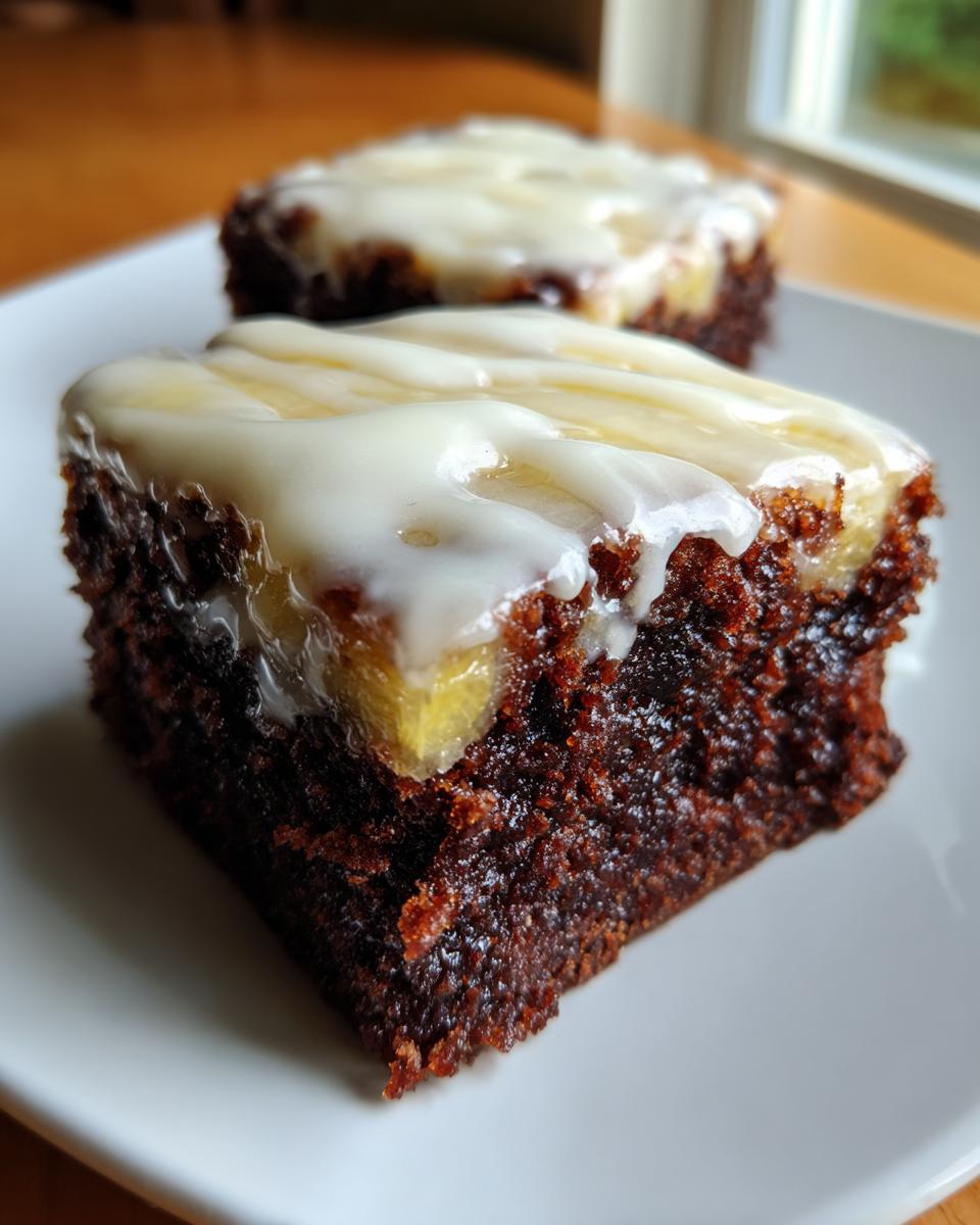 Close-up of a fudgy, dark chocolate Lemon Brownies square topped with a thick, white glaze and a slice of lemon.