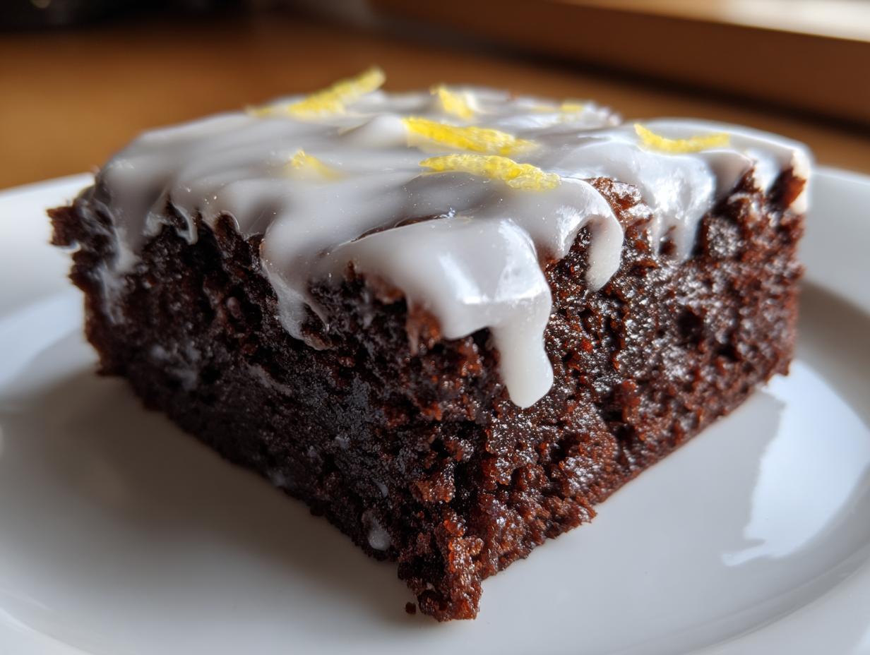 Close-up of a fudgy, dark chocolate Lemon Brownies slice topped with white glaze and lemon zest.