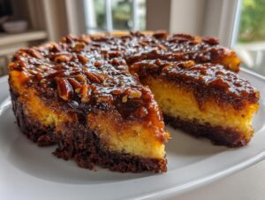 A slice cut from a decadent german chocolate cheesecake topped with glossy caramel and pecans.