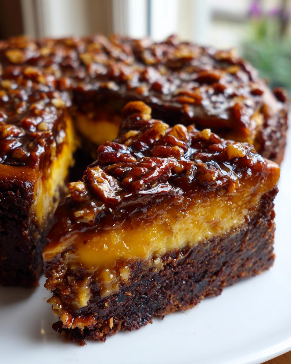 A close-up slice of rich german chocolate cheesecake showing a dark chocolate base, creamy filling, and gooey pecan topping.