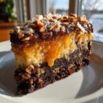 A decadent slice of german chocolate cheesecake with a brownie base, creamy filling, and pecan coconut topping.