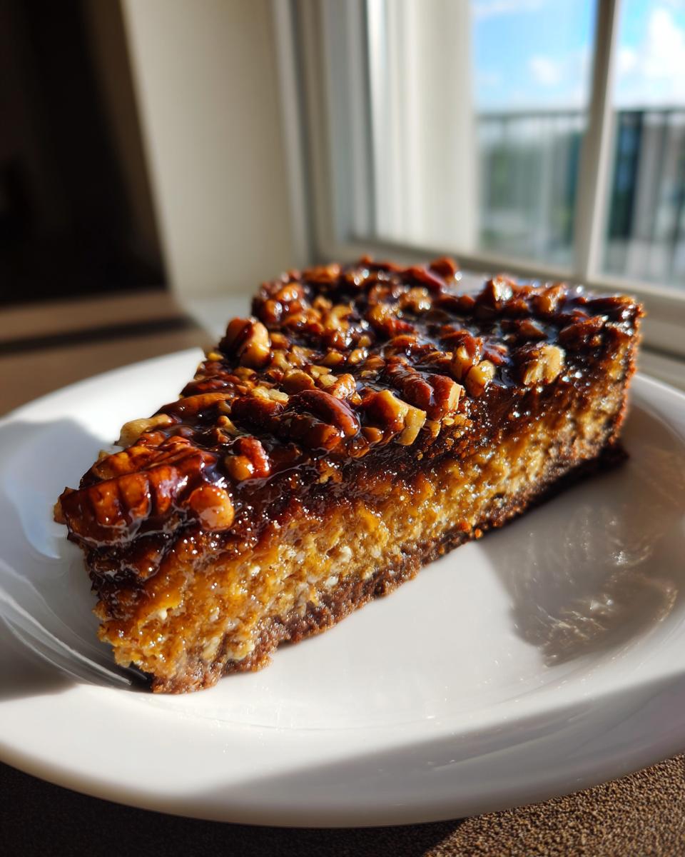 A close-up slice of german chocolate cheesecake topped with gooey caramel and pecans, sitting on a white plate.