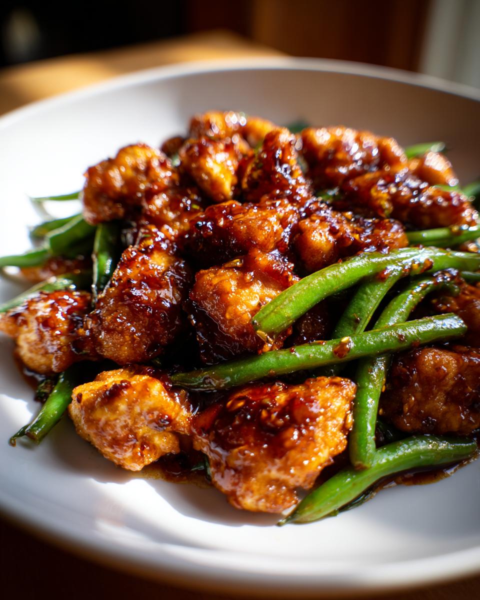 Close-up of crispy, glazed chicken pieces mixed with bright green beans, representing a quick chicken and green beans dish.