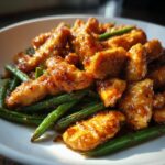 Close-up of glazed, bite-sized chicken pieces served over bright green beans, highlighting the chicken and green beans dish.