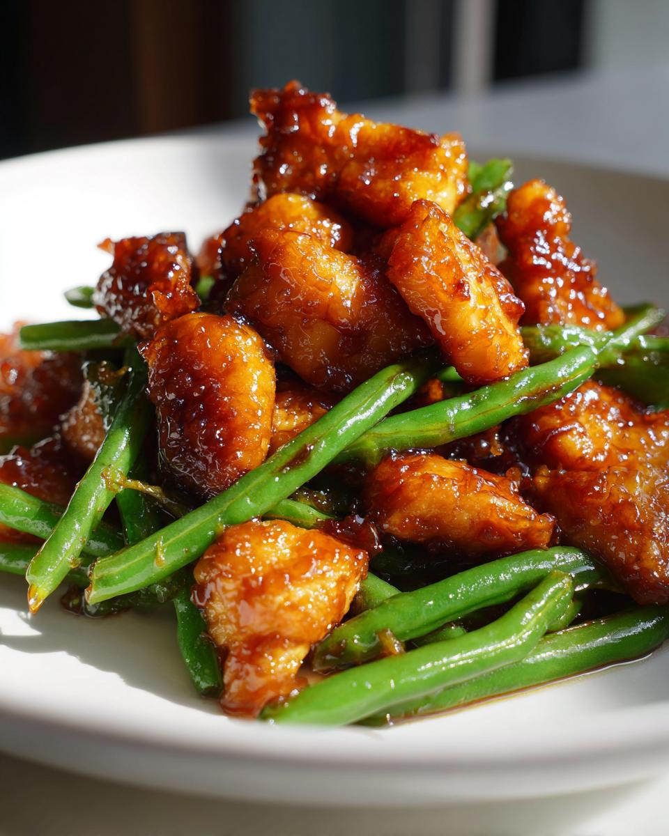 Close-up of glazed chicken pieces mixed with bright green beans, a perfect example of chicken and green beans.
