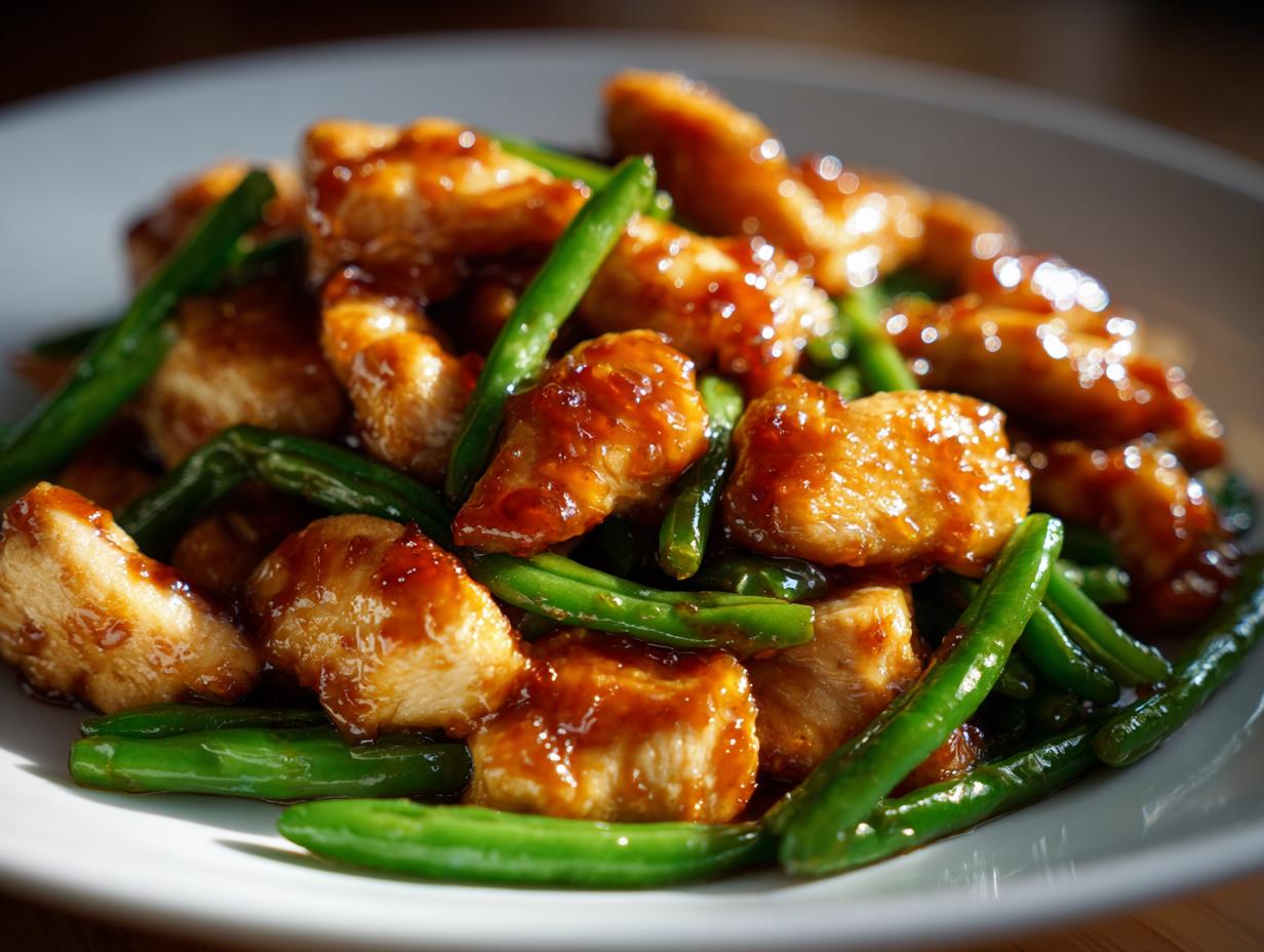 Close-up of tender pieces of glazed chicken and bright green beans, a perfect chicken and green beans dish.