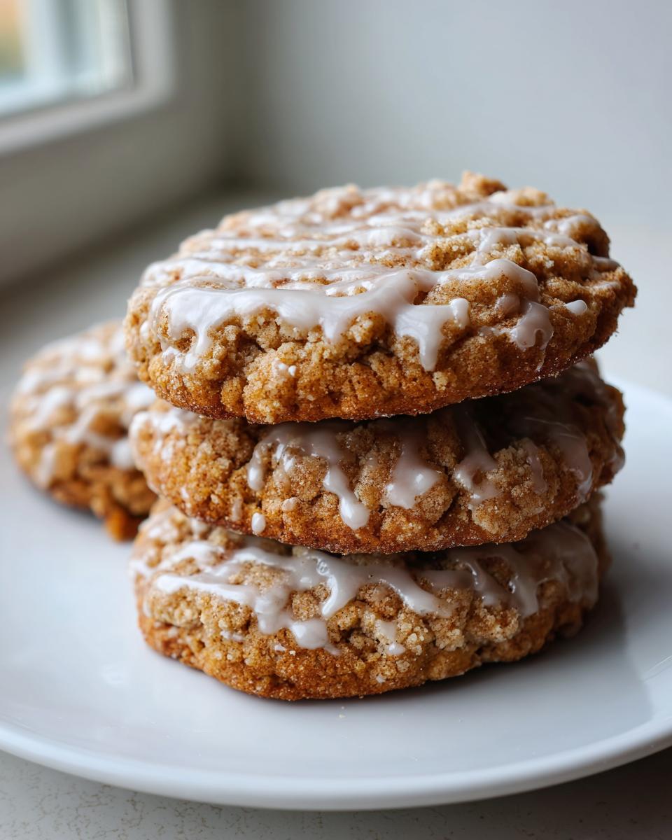 A stack of three delicious coffee cake cookies topped with cinnamon streusel and a white vanilla glaze.