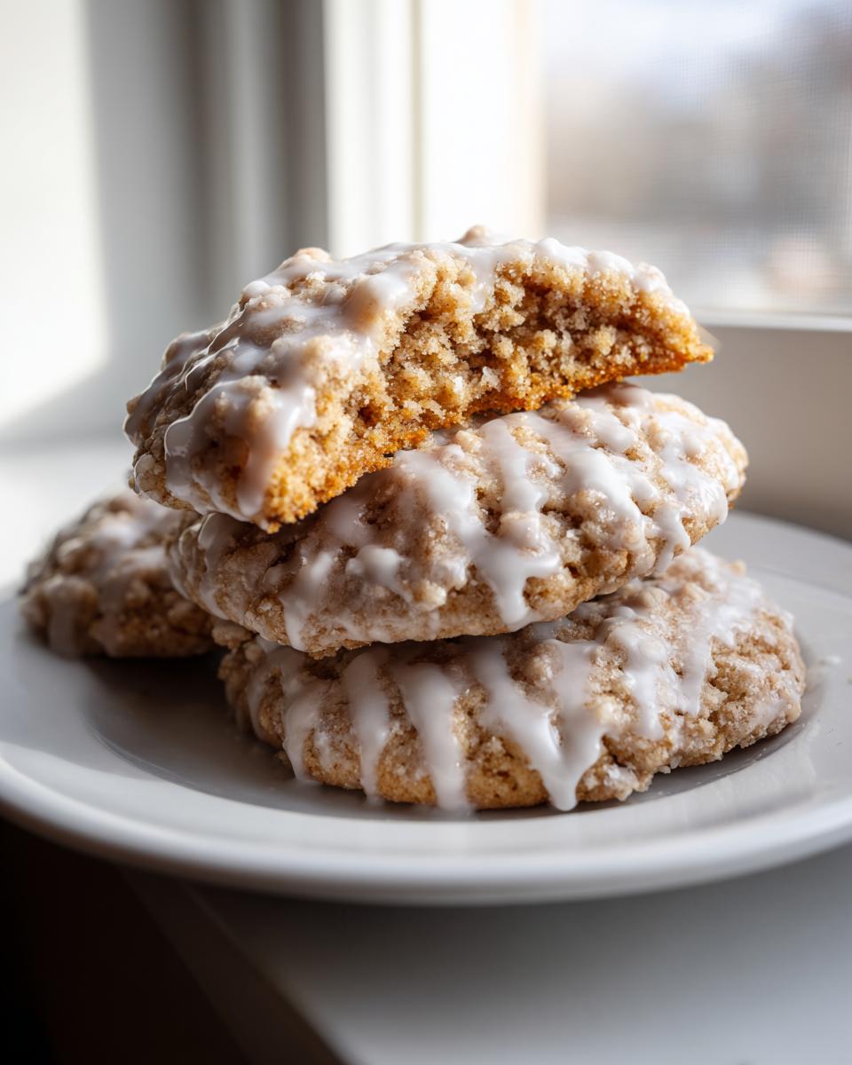 Close-up of a stack of three glazed coffee cake cookies, with the top one broken to show the soft, crumbly interior.