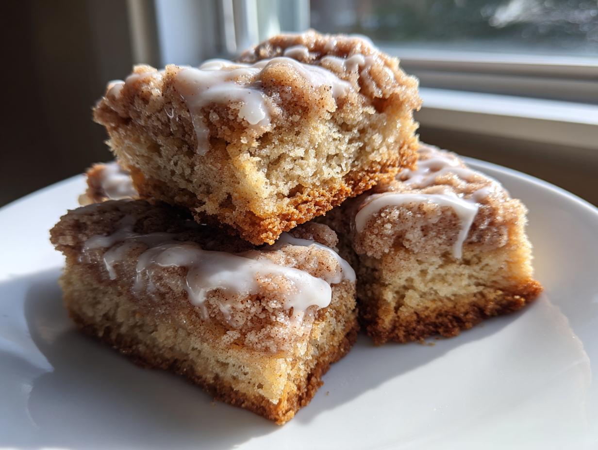 Close-up of three delicious coffee cake cookies stacked, featuring a cinnamon crumb topping and white glaze drizzle.