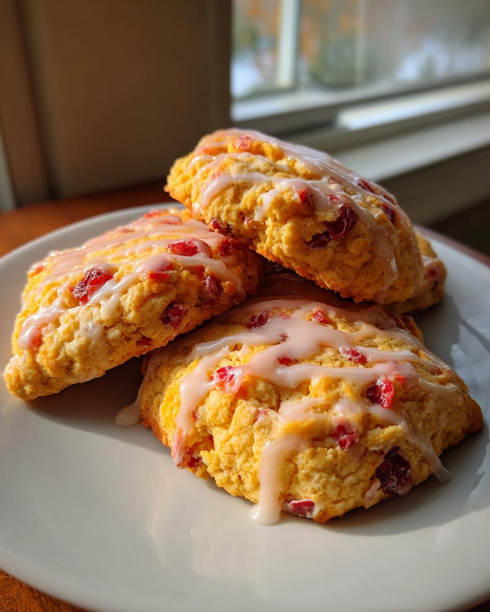 Close-up of three delicious cranberry orange cookies stacked on a white plate, drizzled with white icing.