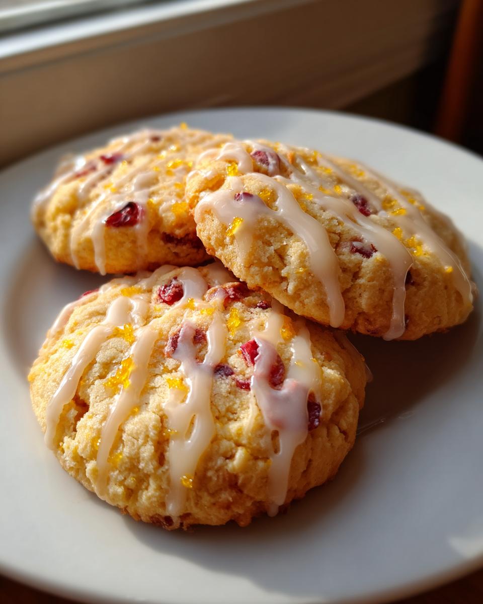 Close-up of three glazed cranberry orange cookies topped with orange zest, sitting on a white plate near a window.