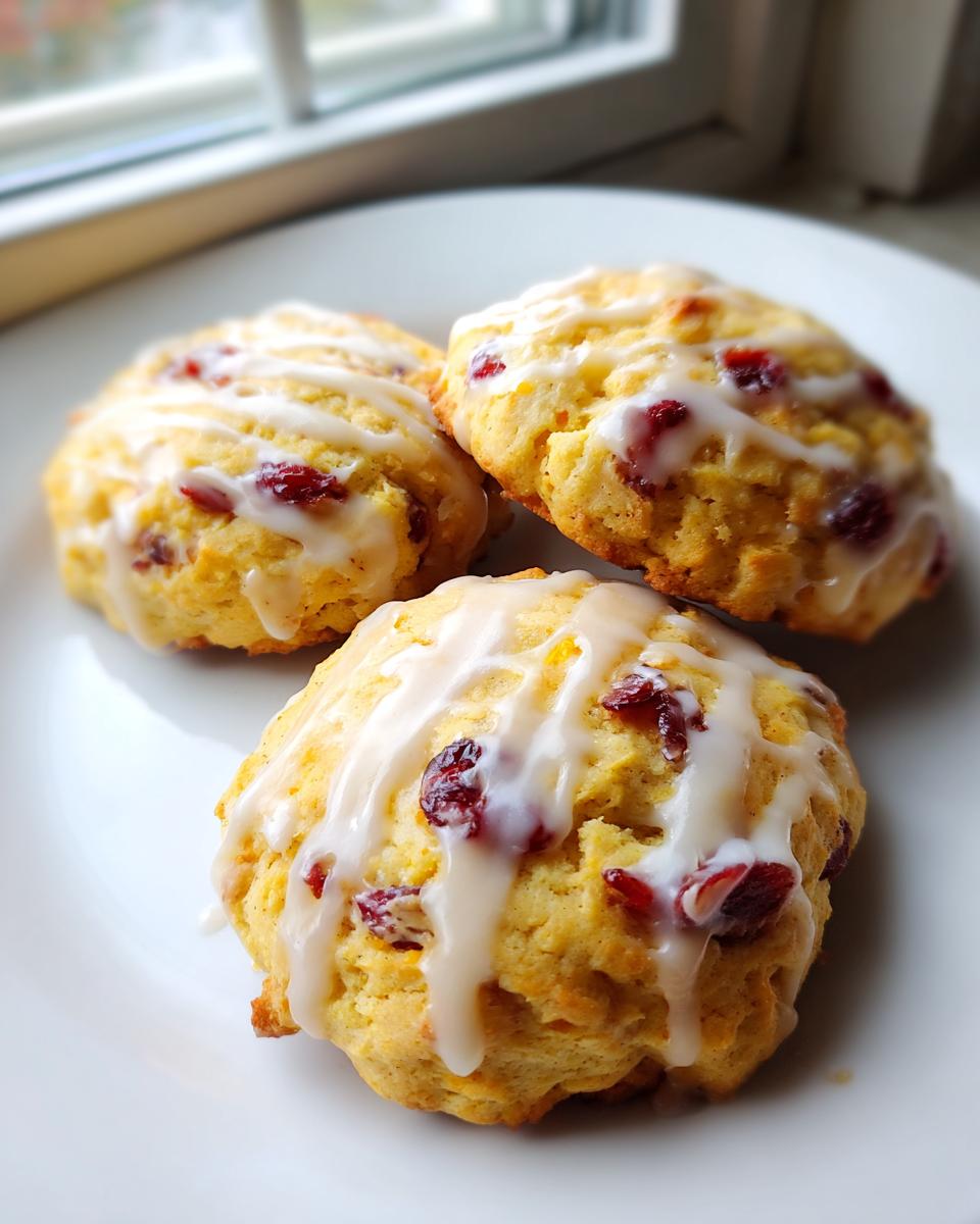Three golden cranberry orange cookies drizzled with white icing, resting on a white plate near a window.