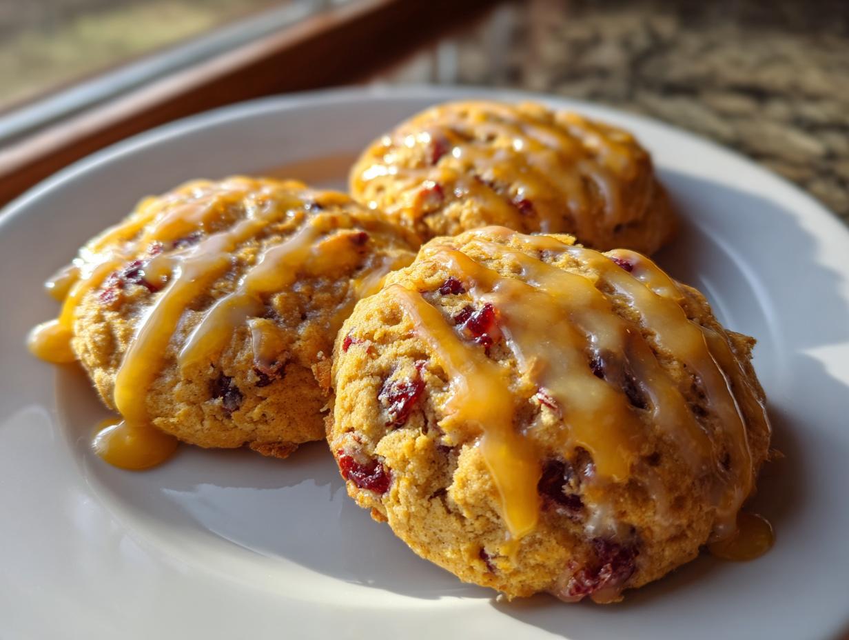 Three freshly baked cranberry orange cookies drizzled with a thick orange glaze, served on a white plate.