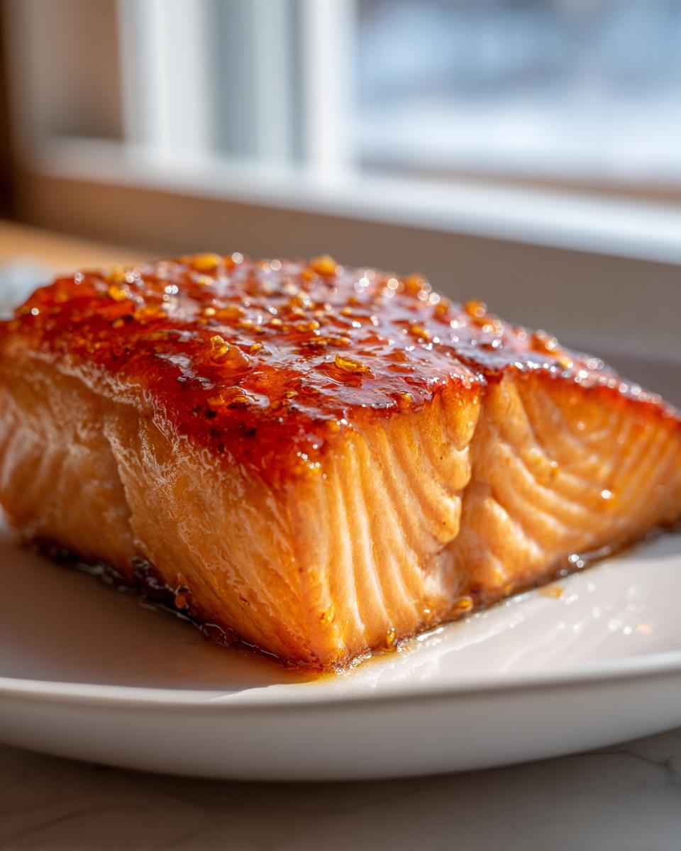 Close-up of a perfectly cooked salmon recipe fillet with a thick, shiny, caramelized glaze on top.