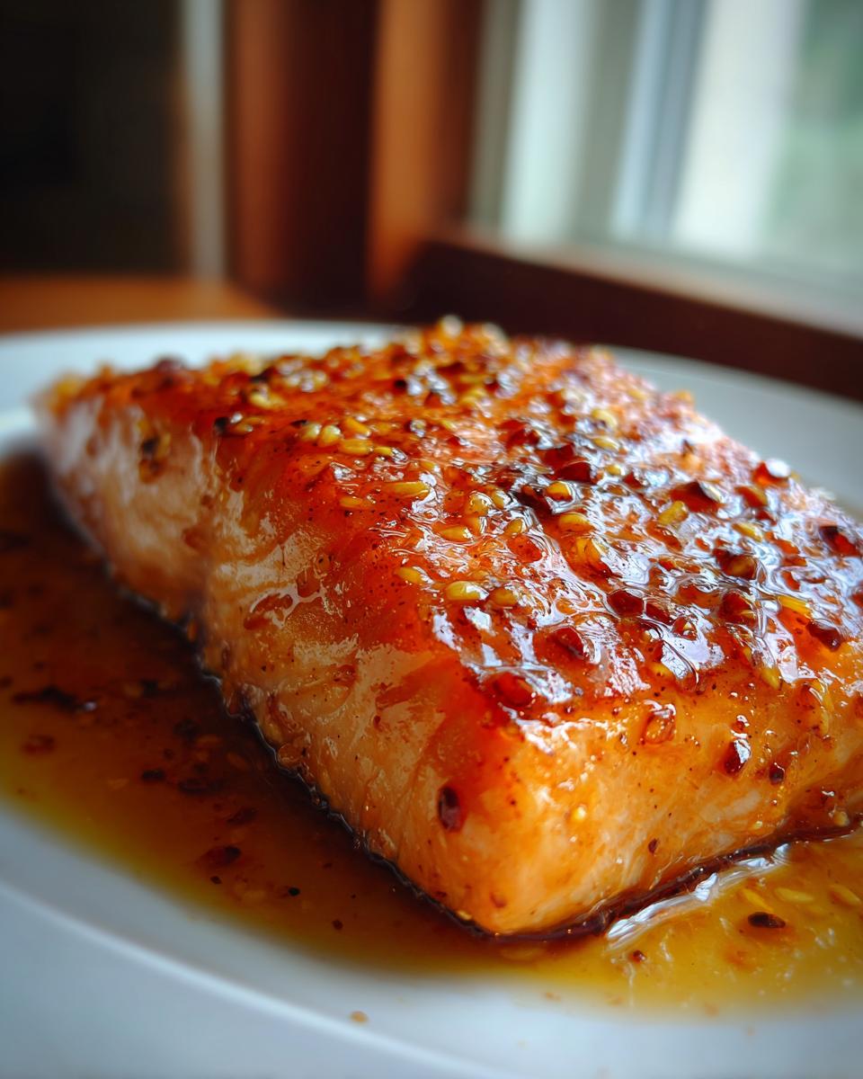 Close-up of a perfectly cooked salmon recipe fillet covered in a shiny, orange-brown glaze with visible sesame seeds.