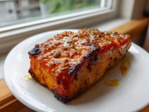 Close-up of a thick, perfectly cooked salmon recipe fillet with a shiny, caramelized glaze, resting on a white plate.