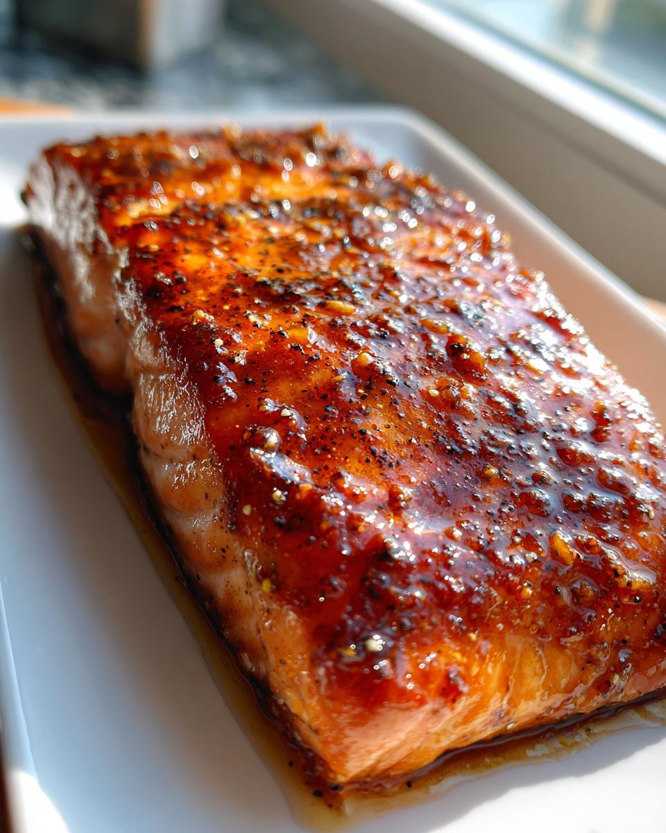 Close-up of a perfectly cooked salmon recipe fillet with a thick, glossy, dark glaze and cracked black pepper.