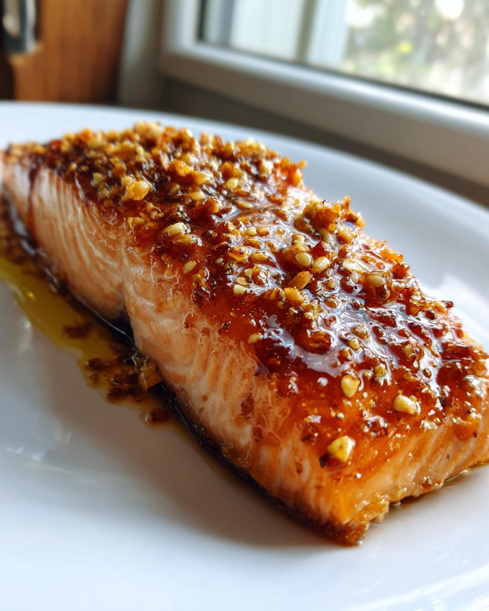 Close-up of a perfectly cooked salmon recipe fillet covered in a shiny, sticky glaze and crunchy nut topping.