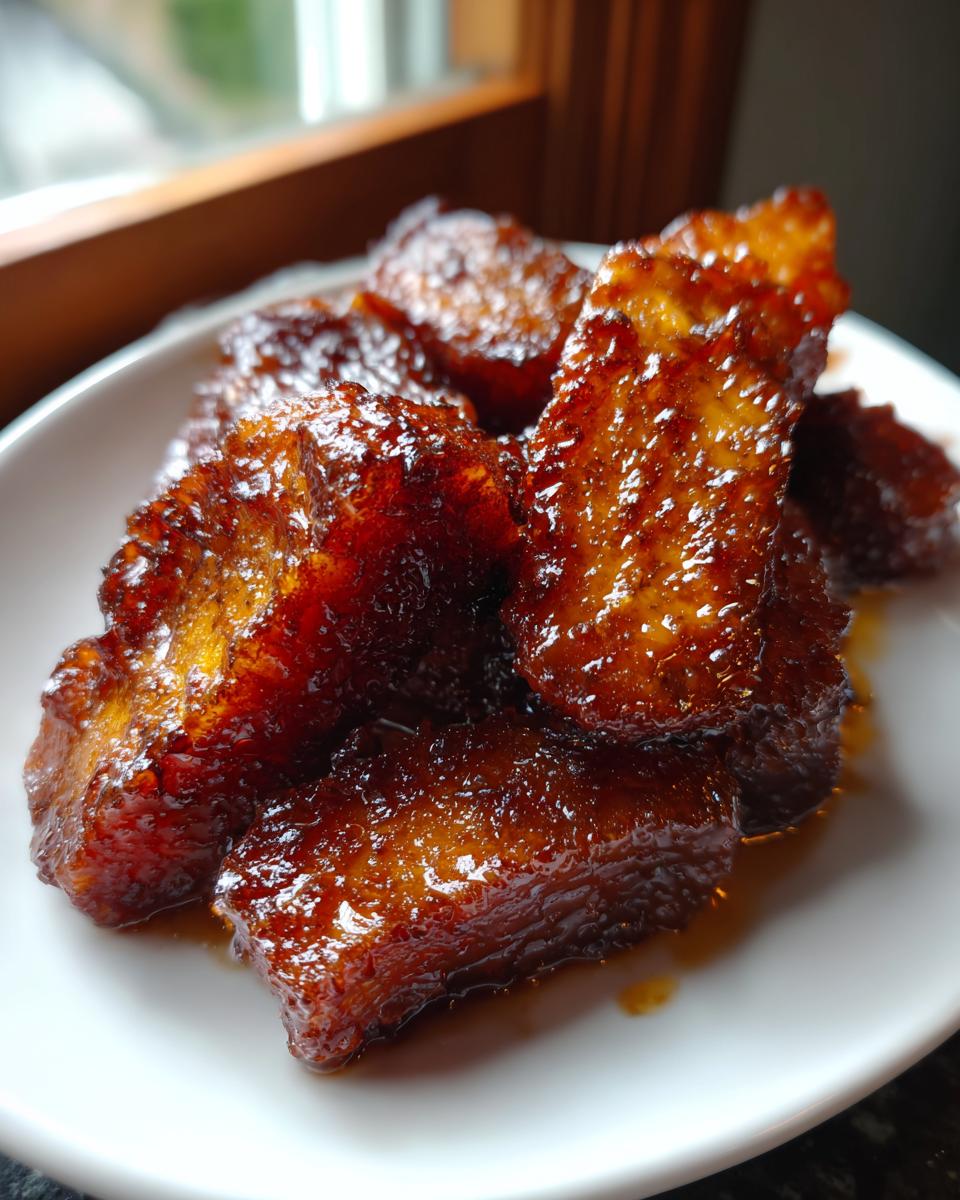 Close-up of rich, dark, and glossy pieces of southern candied yams piled on a white plate.