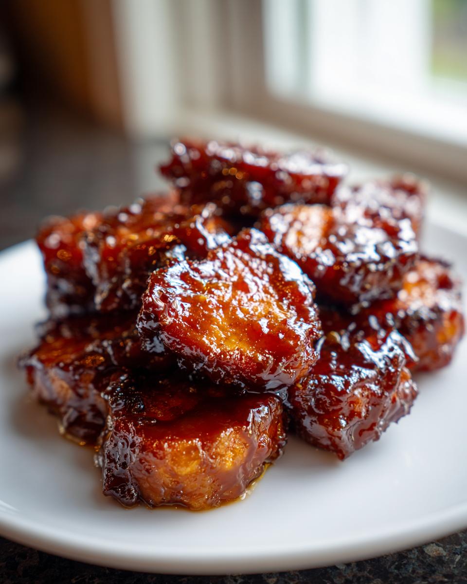 Close-up of several pieces of glossy, caramelized southern candied yams piled on a white plate.