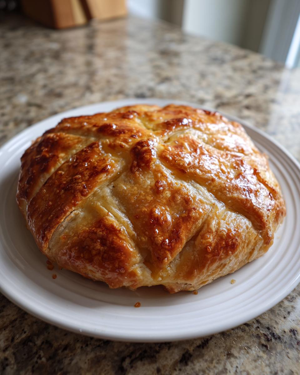 A golden brown, glossy baked brie in puff pastry with a scored top, resting on a white plate.