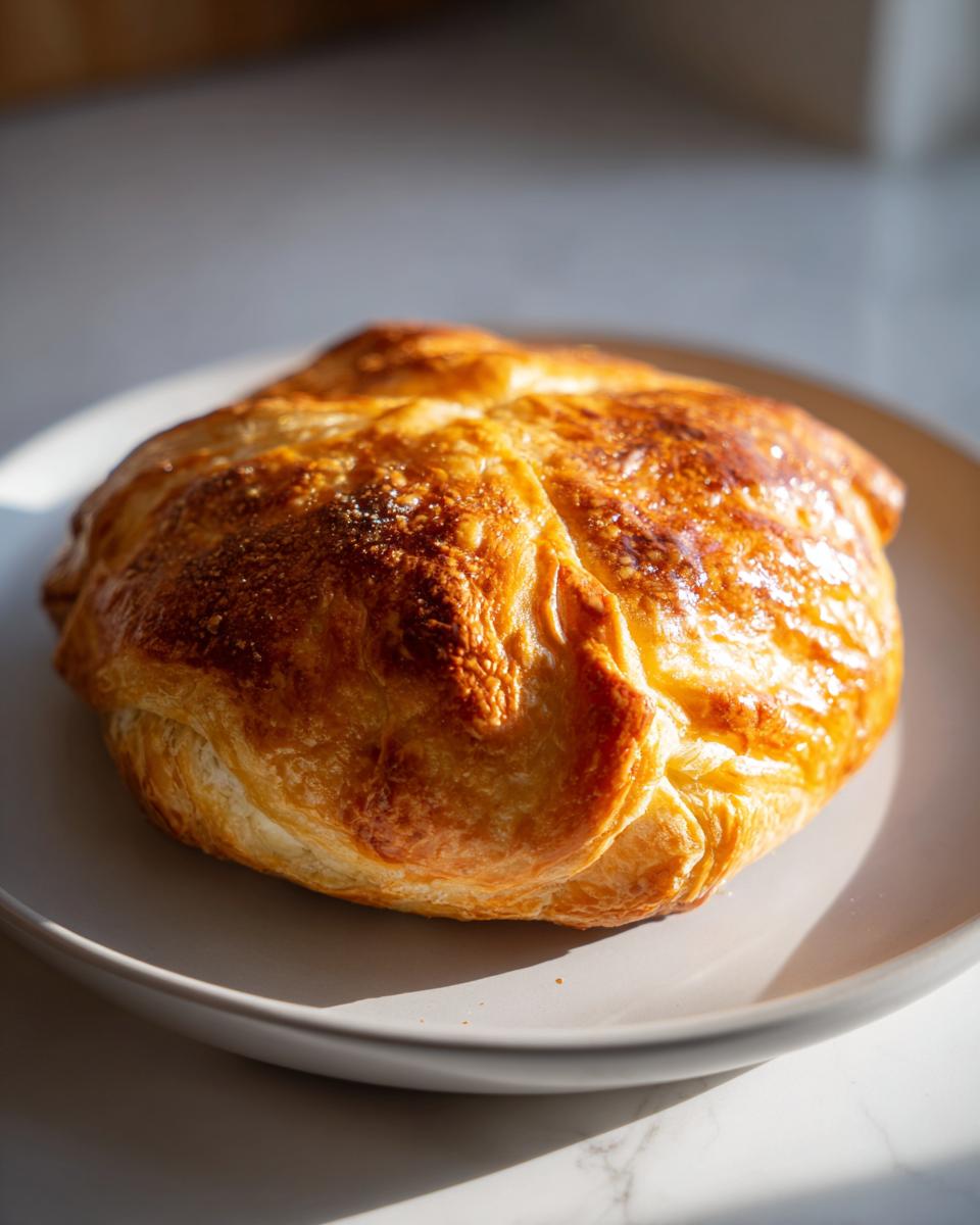 A perfectly golden brown baked brie in puff pastry resting on a simple gray plate.