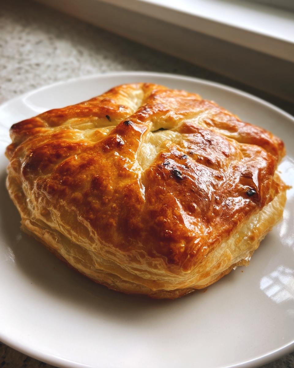 A perfectly golden brown, flaky baked brie in puff pastry resting on a white plate.