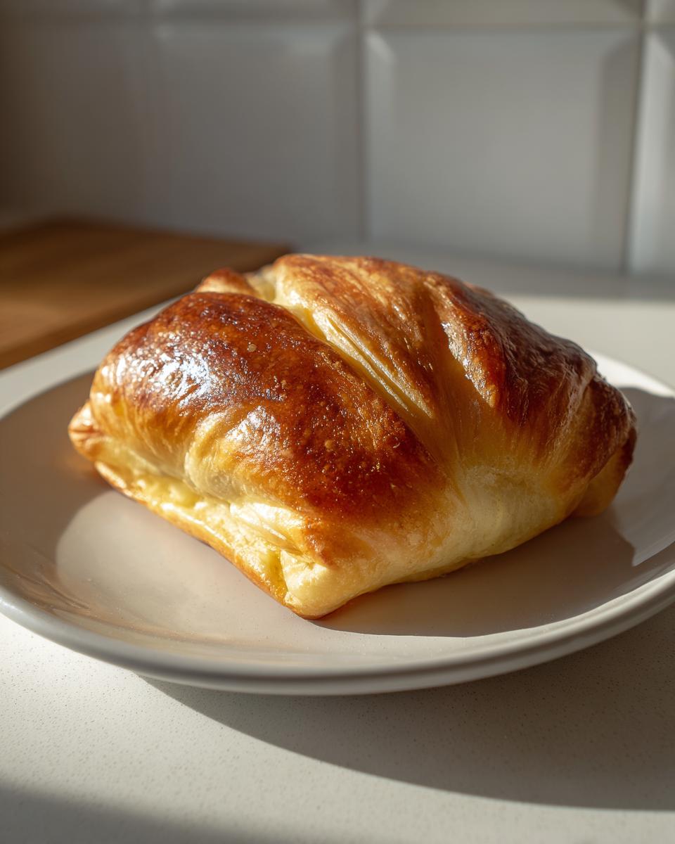 A golden brown, glossy baked brie in puff pastry resting on a light gray plate.