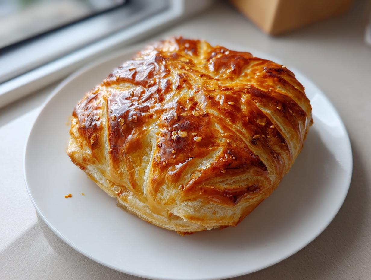 A golden brown, glossy baked brie in puff pastry, scored on top and sprinkled with nuts, resting on a white plate.