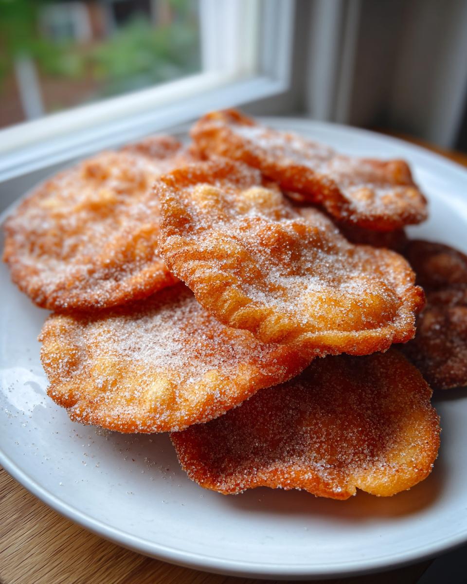 A stack of freshly fried, golden brown buñuelos heavily dusted with granulated sugar.